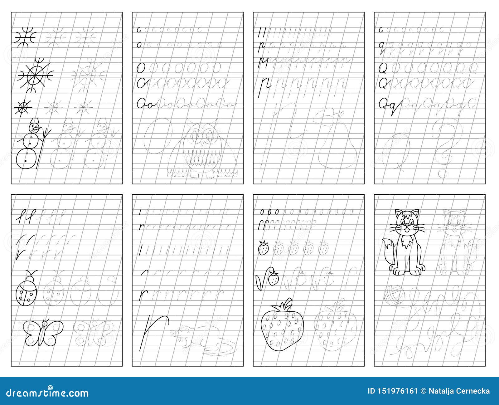 Set of black and white educational pages on square paper for kids