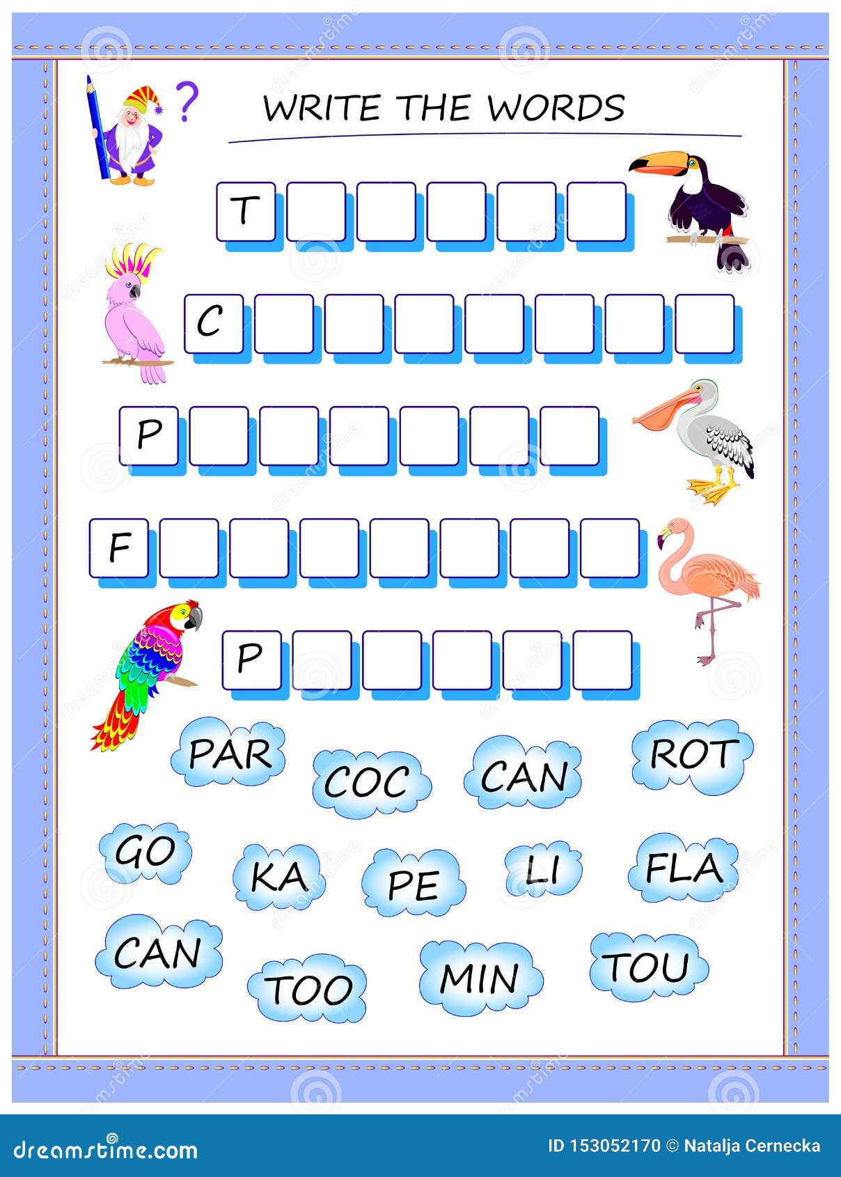 Logic Puzzle Game for Study English. Collect Words from the Clouds