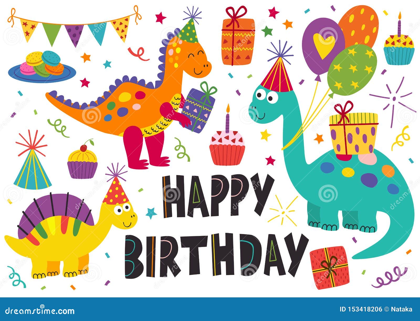 set of  cute dinosaurs happy birthday