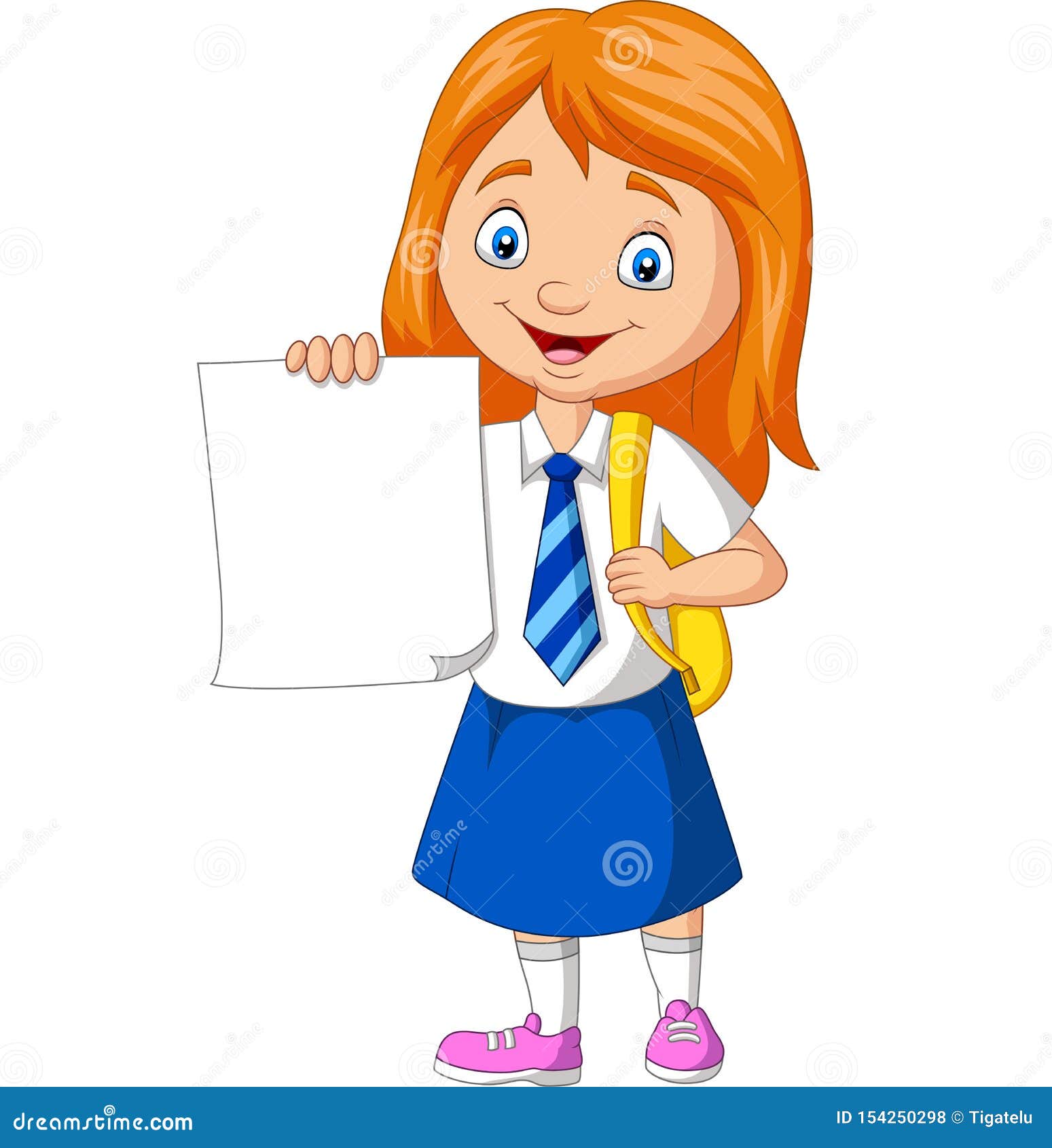 Cartoon School Girl in Uniform Holding Blank Paper Stock Vector