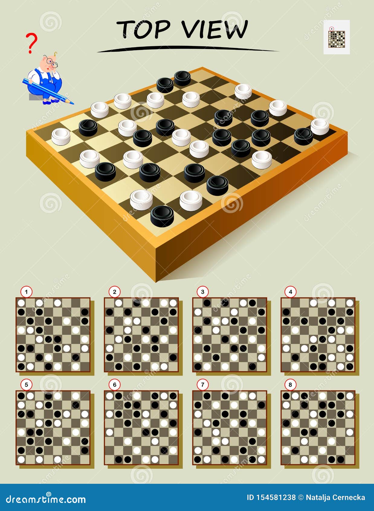 logic puzzle game for smartest. need to find correct top view of checkerboard. printable page for brain teaser book.