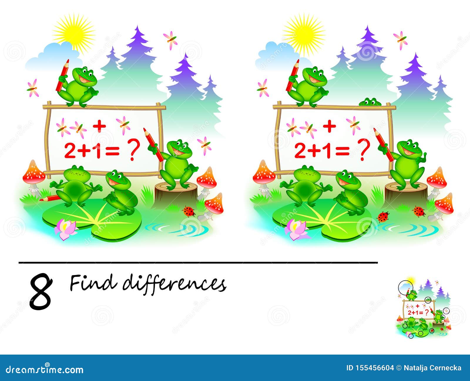 logic puzzle game for children. need to find 8 differences. printable page for kids brainteaser book.
