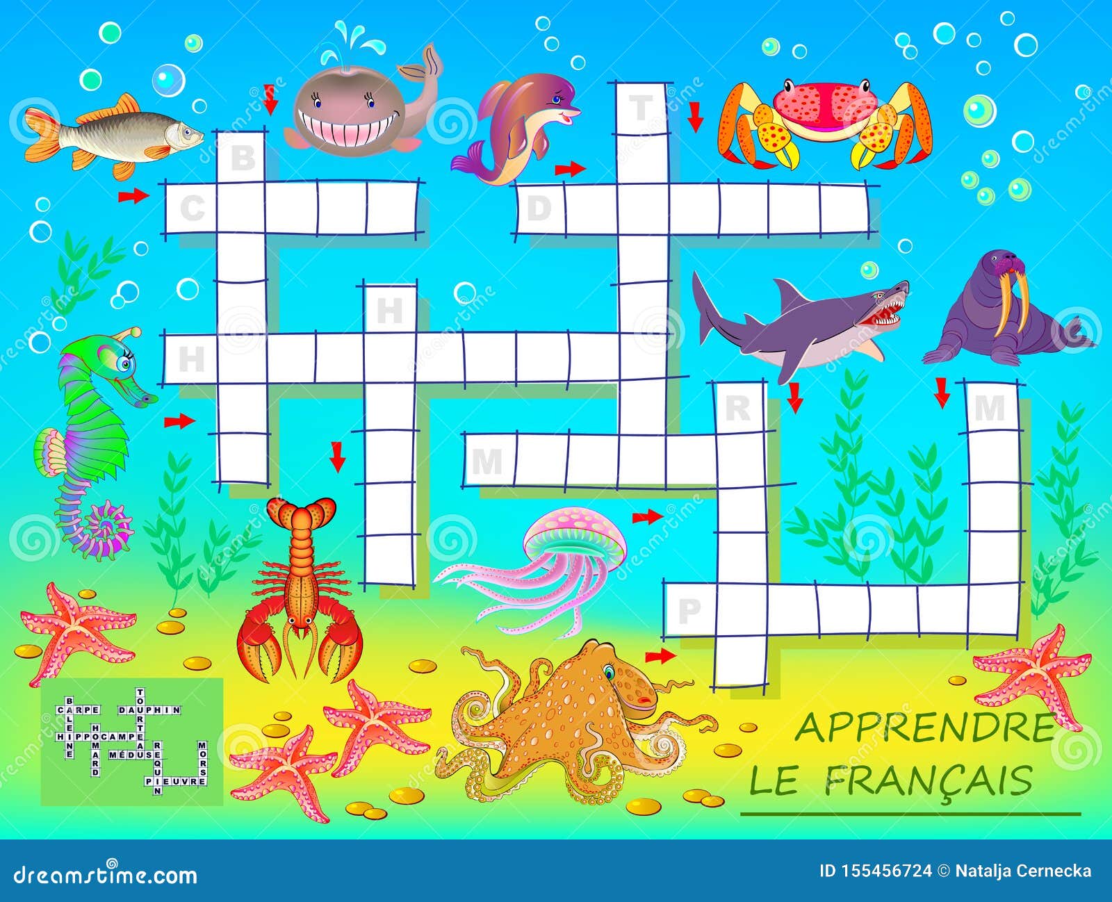 Learn French. Crossword Puzzle Game with Sea Animals. Educational Page for  Children for Study French Language and Words Stock Vector - Illustration of  children, kindergarten: 155456724