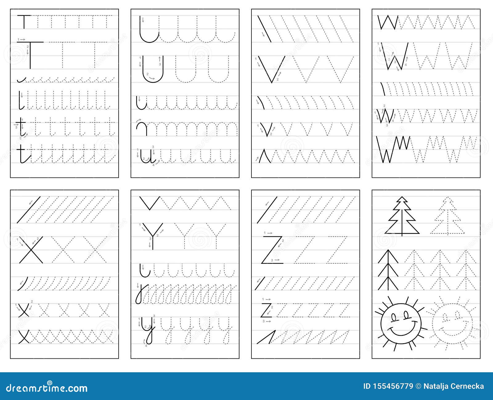 set of black and white educational pages on line for kids book. trace alphabet letters from t to z.