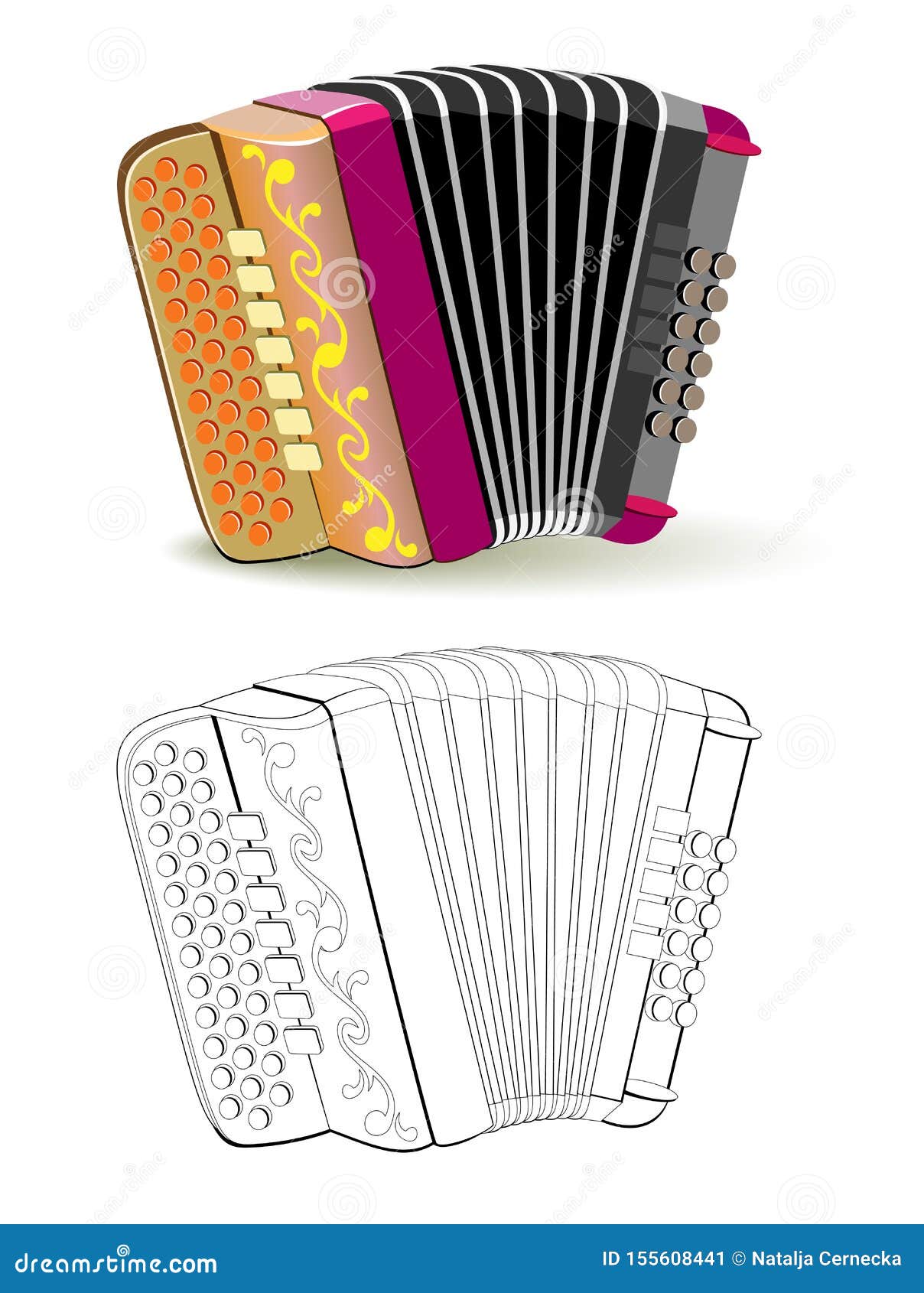 Colorful and Black and White Pattern for Coloring. Fantasy Illustration of  Musical Instrument French Button Accordion Stock Vector - Illustration of  acoustic, activity: 155608441