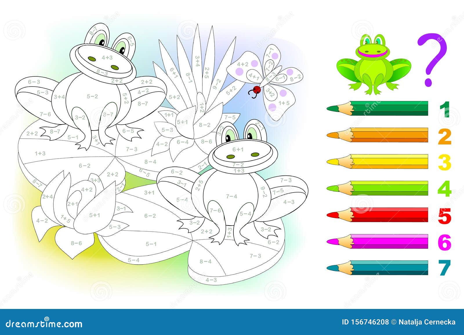 math education for children. coloring book. mathematical exercises on addition and subtraction. solve examples and paint frogs.