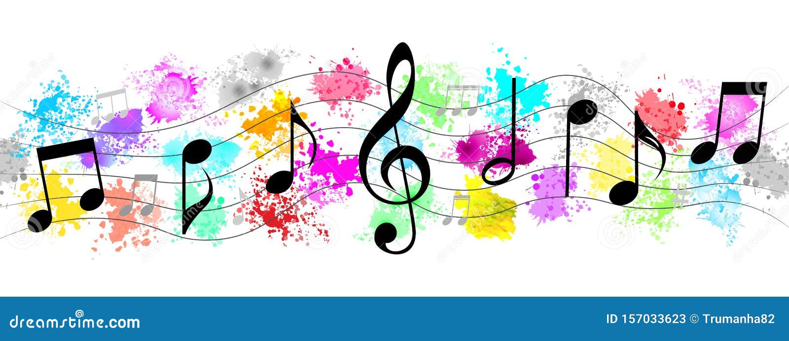 black music notes in colorful spatters and splashes banner background