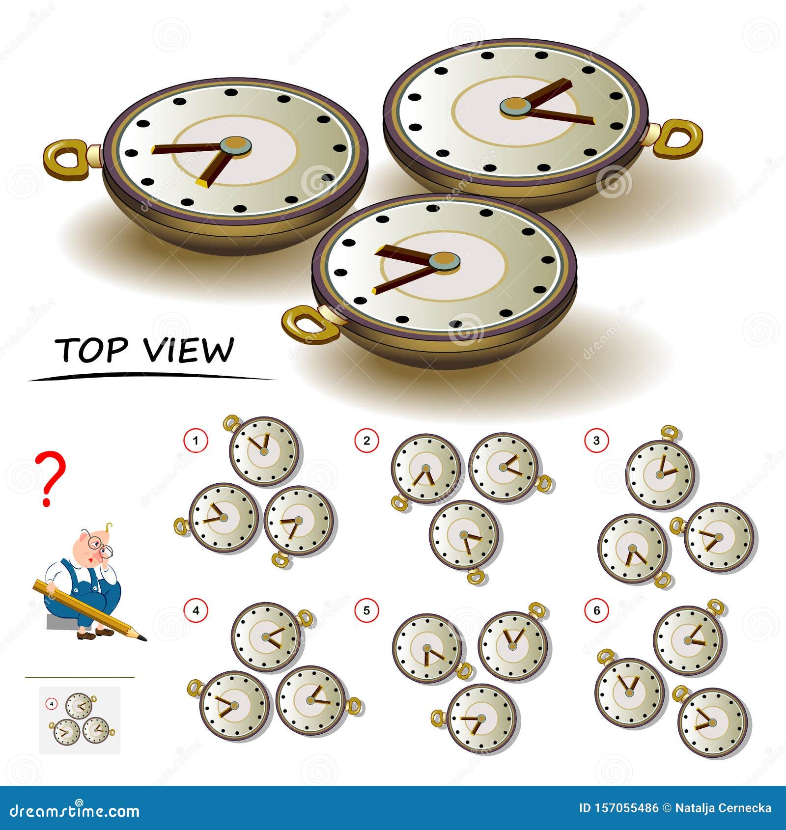 logic puzzle game for children and adults. need to find correct top view of watch. printable page for brain teaser book.