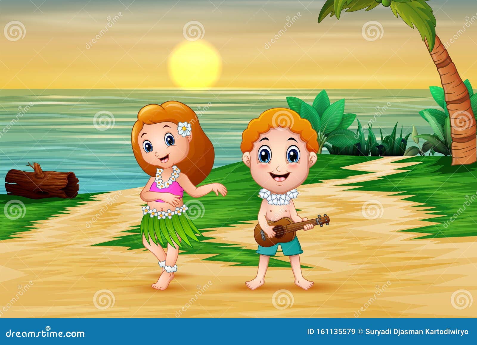 Boy Playing Guitar and Hawaiian Girl Hula Dancing at Seaside Stock