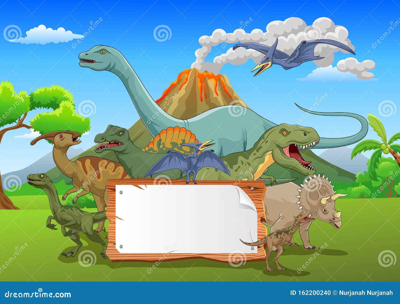 Dinosaur Cartoon with Landscape Background Stock Vector - Illustration of  landscape, character: 162200240