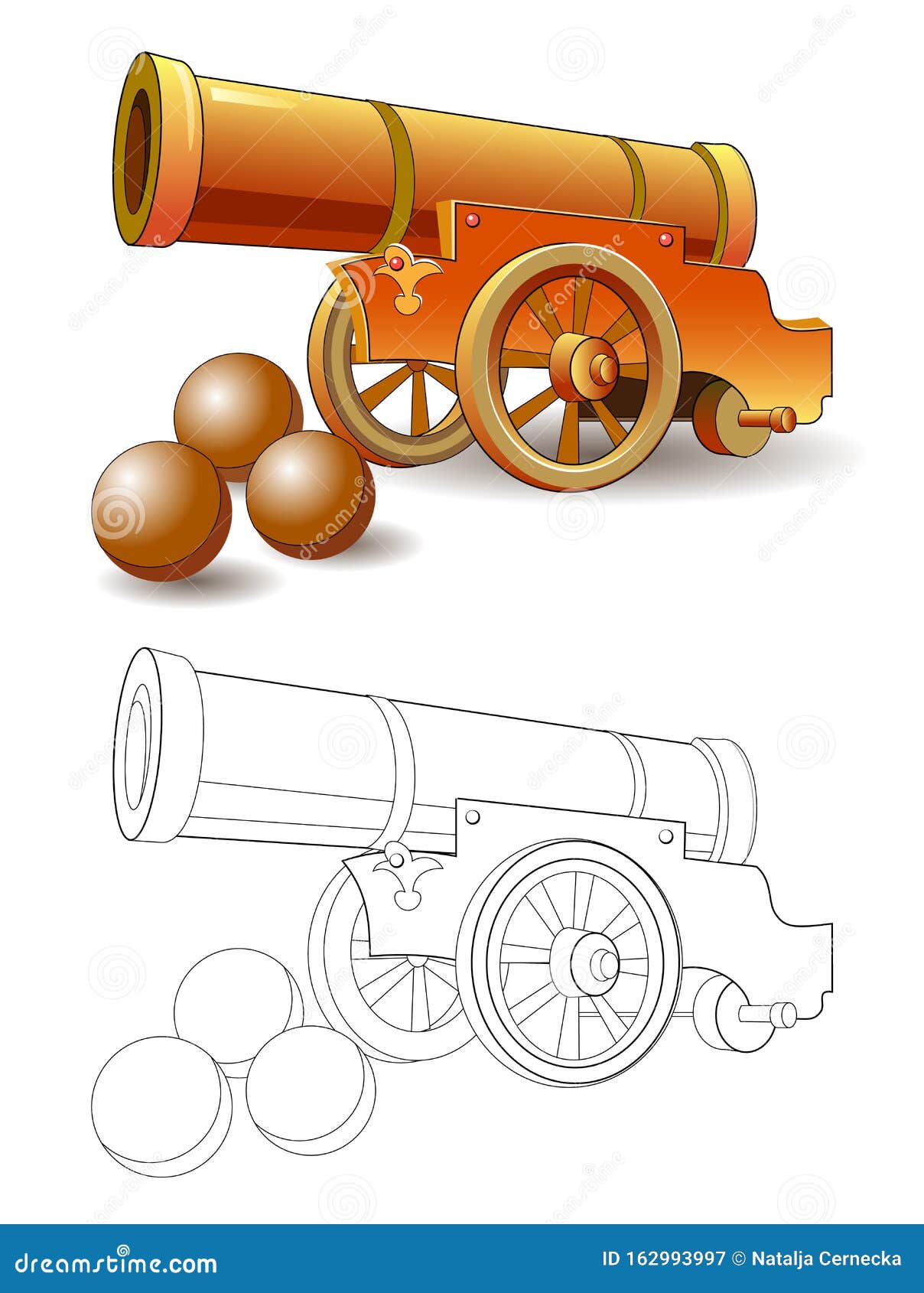 colorful and black and white pattern for coloring. fantasy  of ancient military cannon and cores for firing.