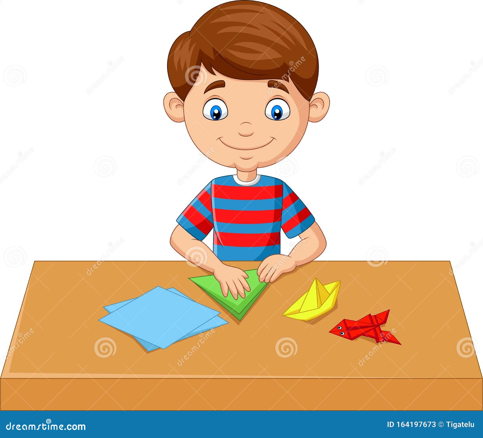 Little Boy Folding Paper and Making Origami Toys Stock Vector