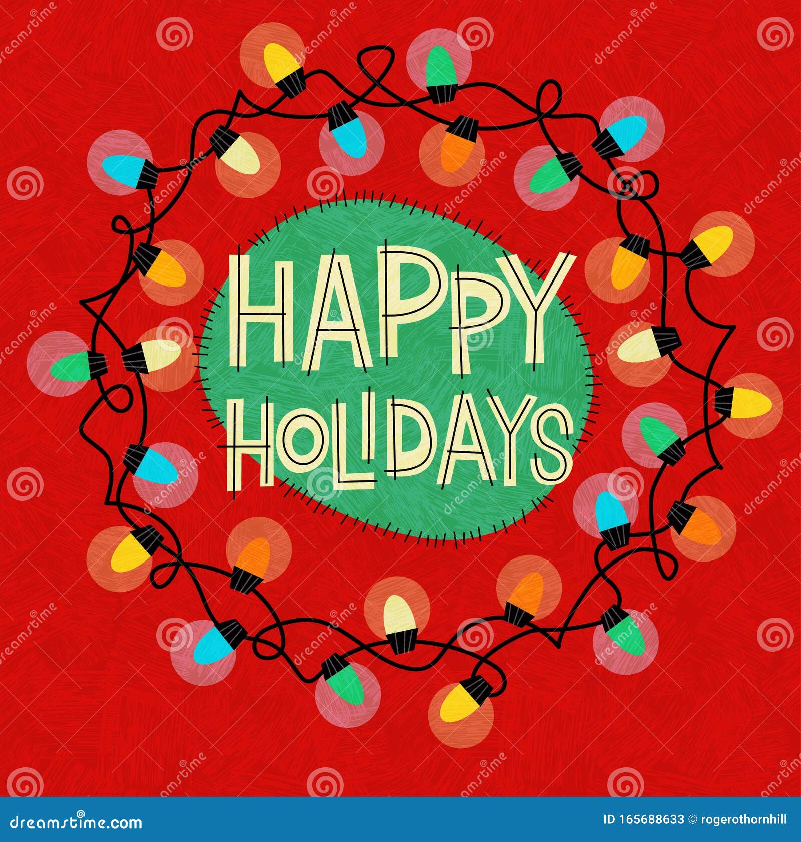Happy Holidays Greeting with String of Christmas Lights in a Circle on