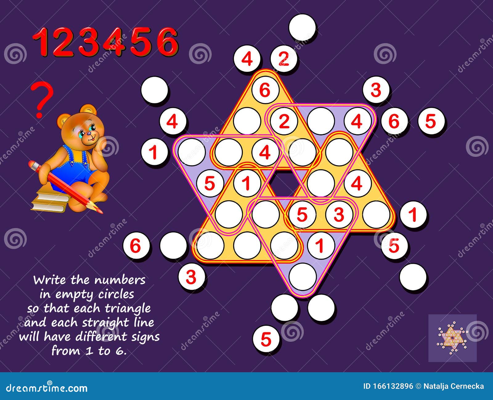 Write The Numbers In Empty Circles So Each Triangle And Each Straight Line Have Different Signs From 1 To 6 Stock Vector Illustration Of Matches Maze