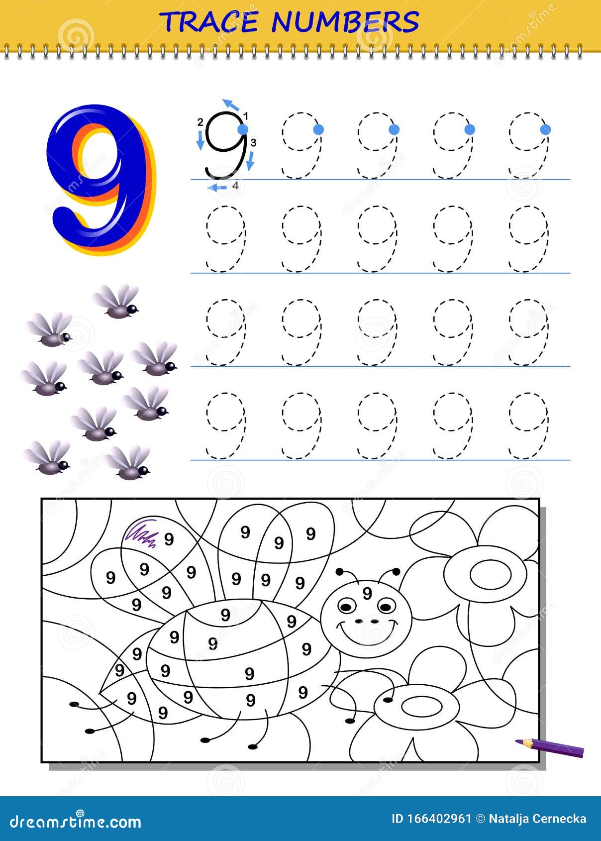 Educational Page for Kids with Number 9. Printable Worksheet for