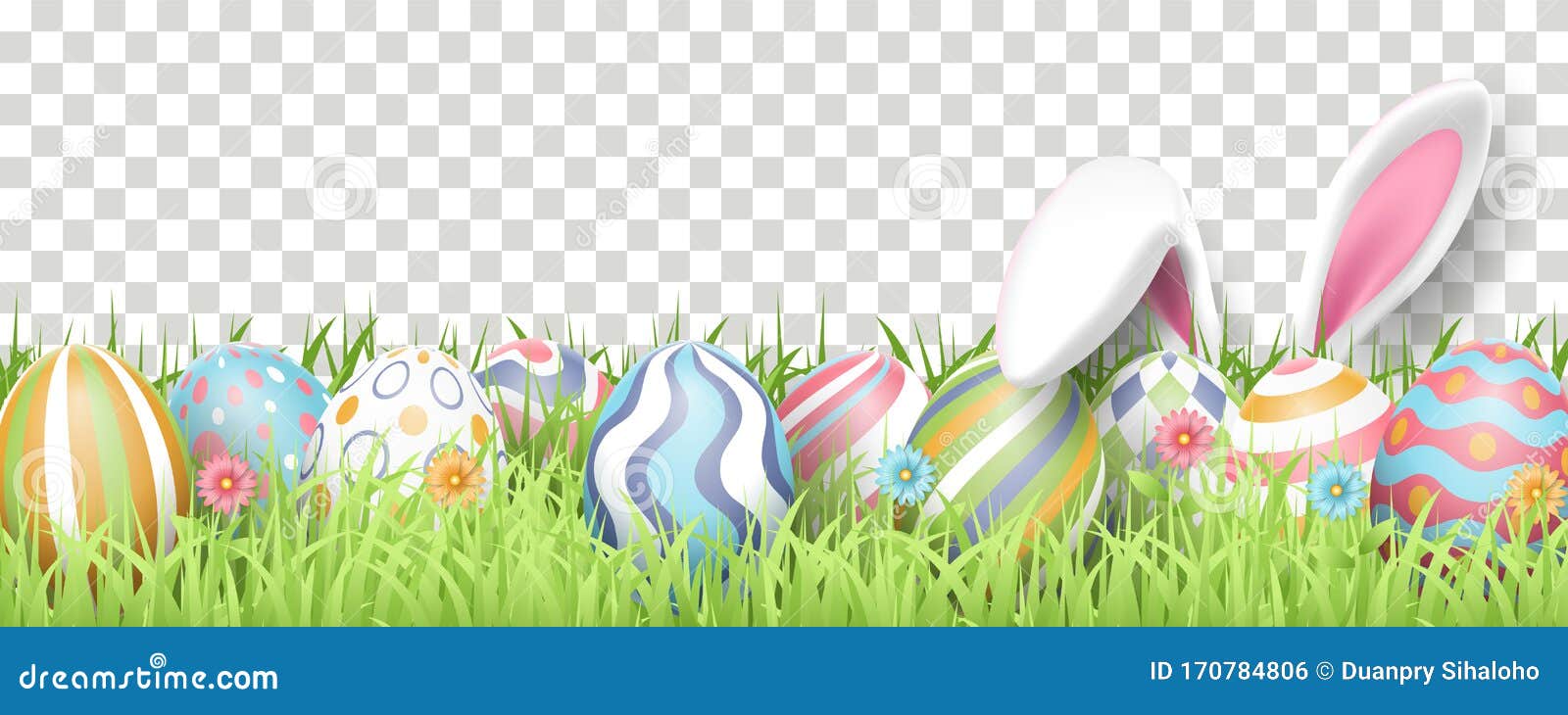 happy easter background with realistic painted eggs, grass, flowers, and rabbit ears.