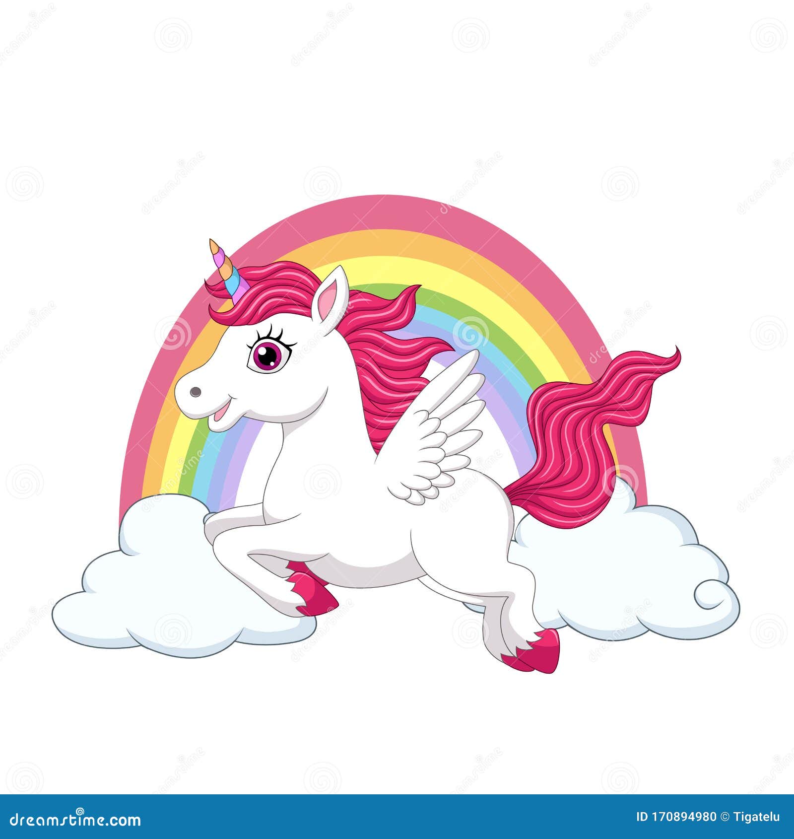 Cute Little Pony Unicorn with Wings on Clouds and Rainbow Stock Vector ...