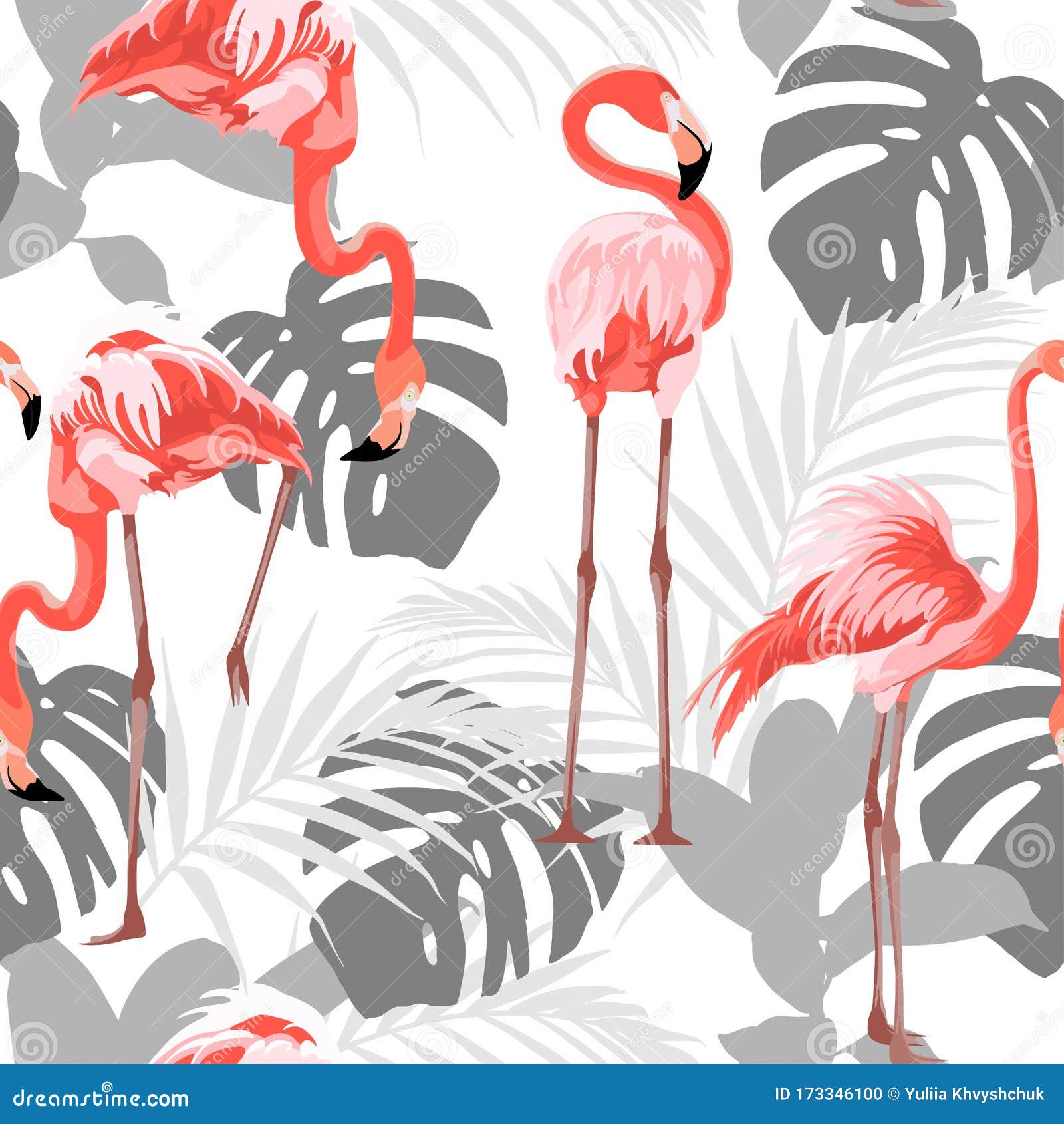 Pink Flamingo, Grey Graphic Palm Leaves, White Background. Floral