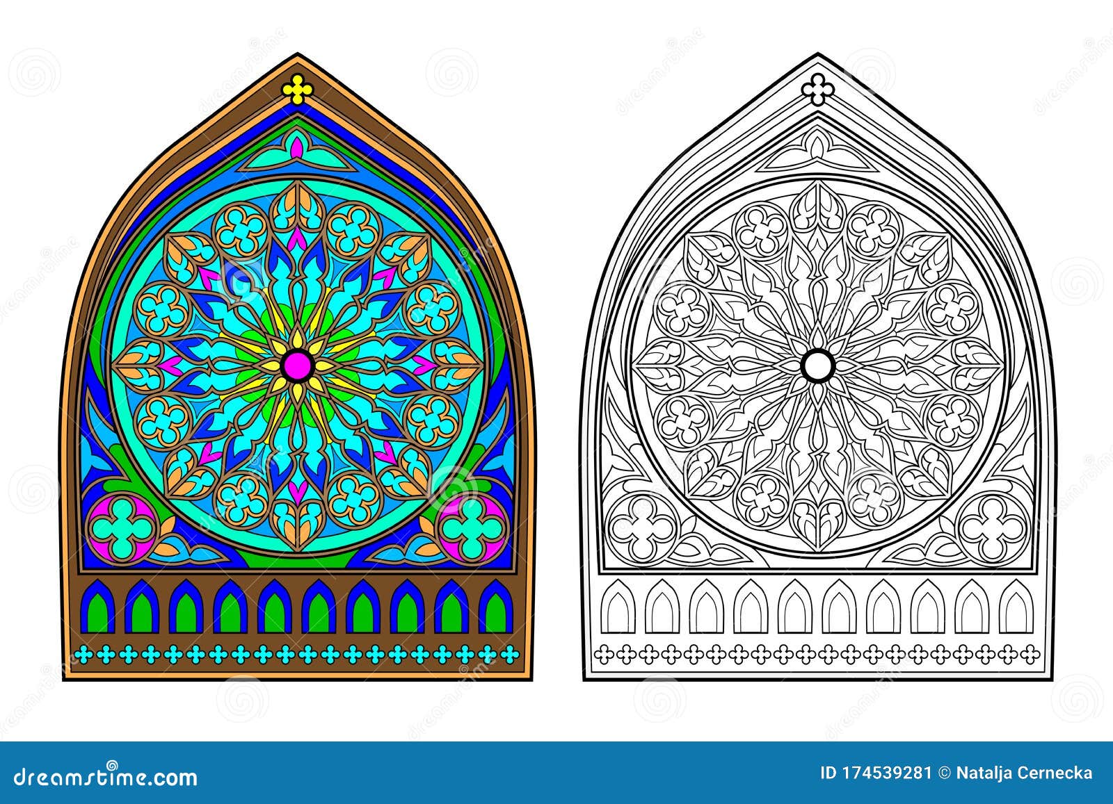 Colorful and Black and White Image of Gothic Stained Glass Window with