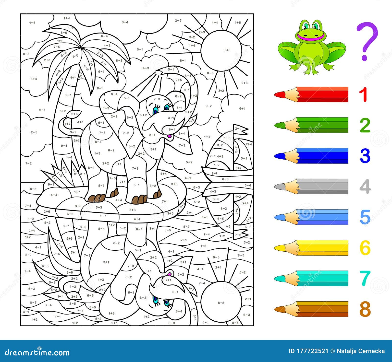 math education for children. coloring book. mathematical exercises on addition and subtraction. solve examples and paint elephant.