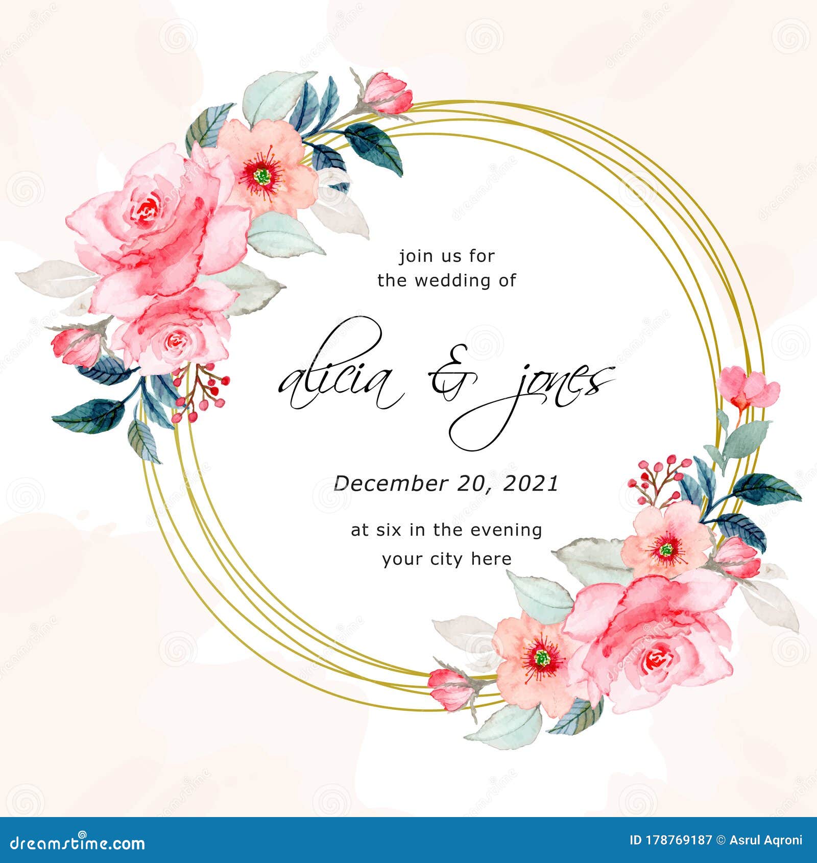 Save the Date. Wedding Invitation Card with Floral Watercolor Stock