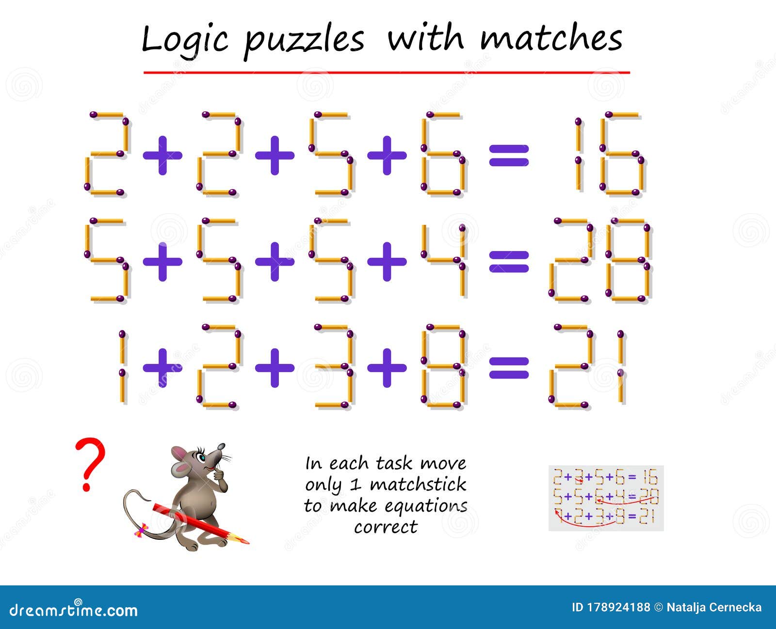 Logic Puzzle Game with Matches. Need To Move only 1 Matchstick To Make  Equation Correct. Solve Mathematical Example Stock Vector - Illustration of  exercise, logical: 161808143