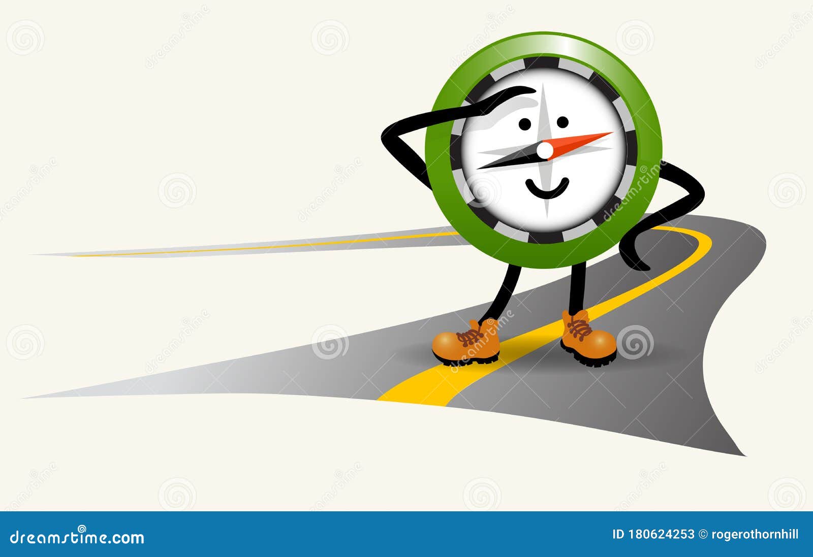 cute navigational compass character standing on a road in hiking boots.