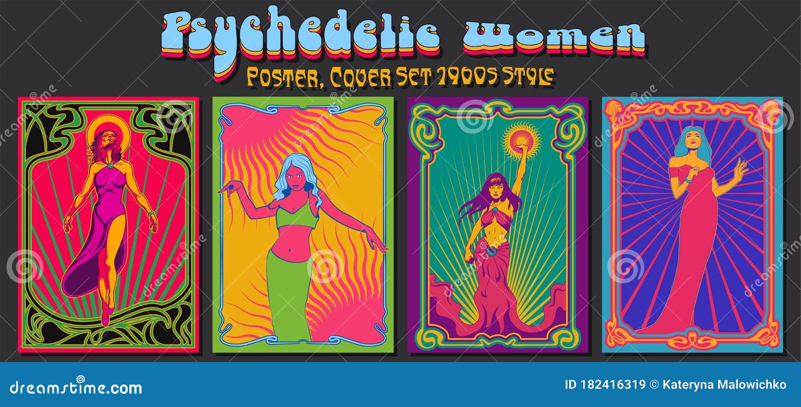 psychedelic art women poster set