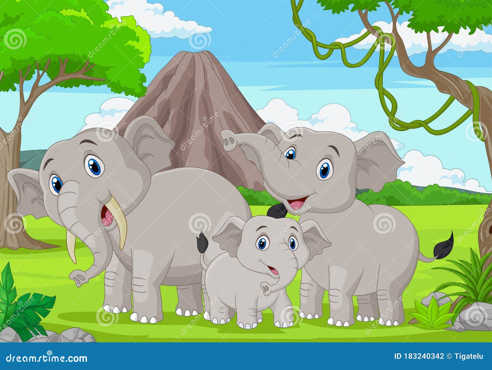 cartoon elephants family in the jungle