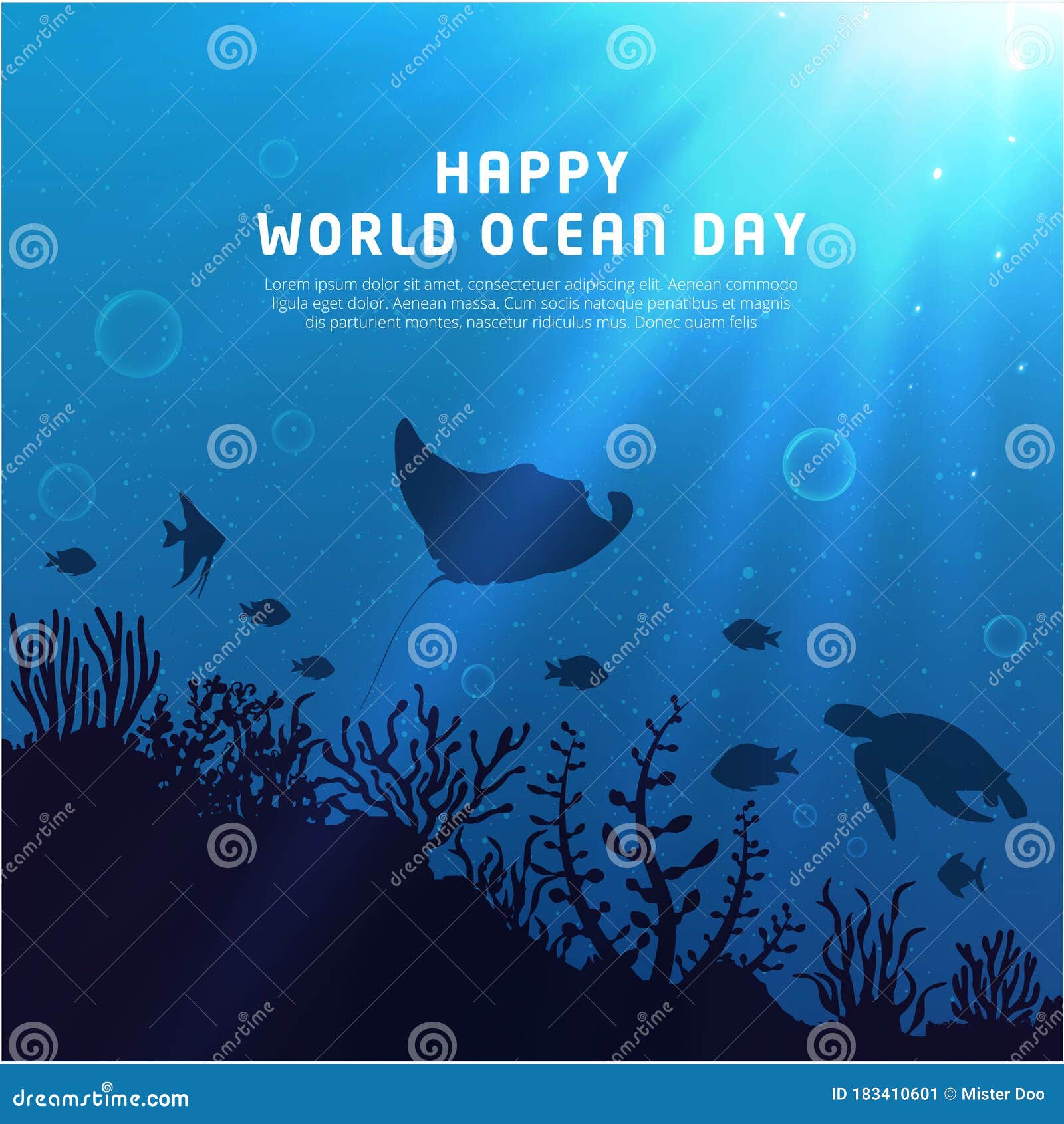 Happy World Oceans Day Background With Underwater Ocean Shinny Light Coral Sea Plants Stingray And Turtle Stock Vector Illustration Of Earth Bright