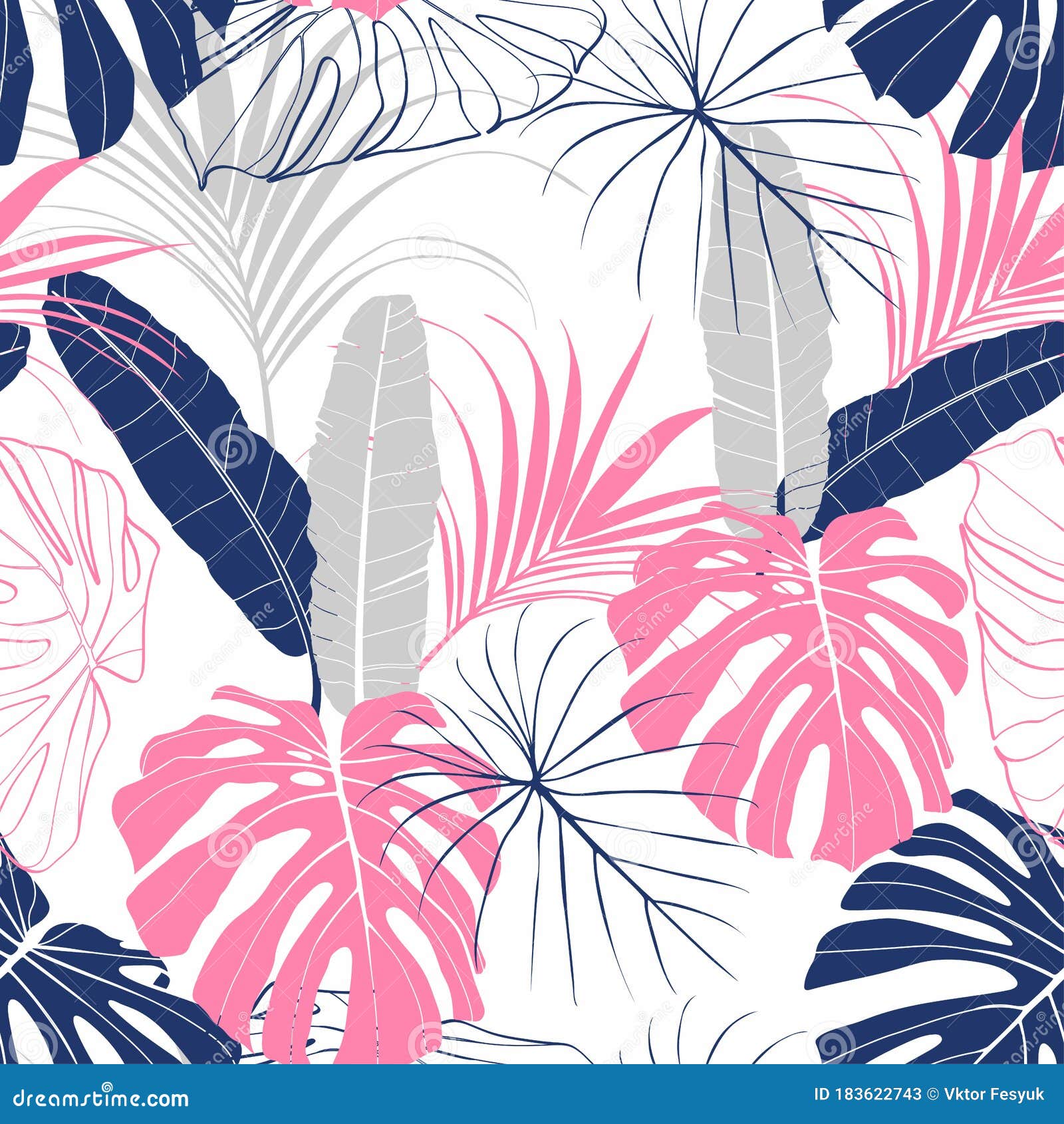 Bright Tropical Leaves Pattern Design. Cool Floral Wallpaper. Pink Blue
