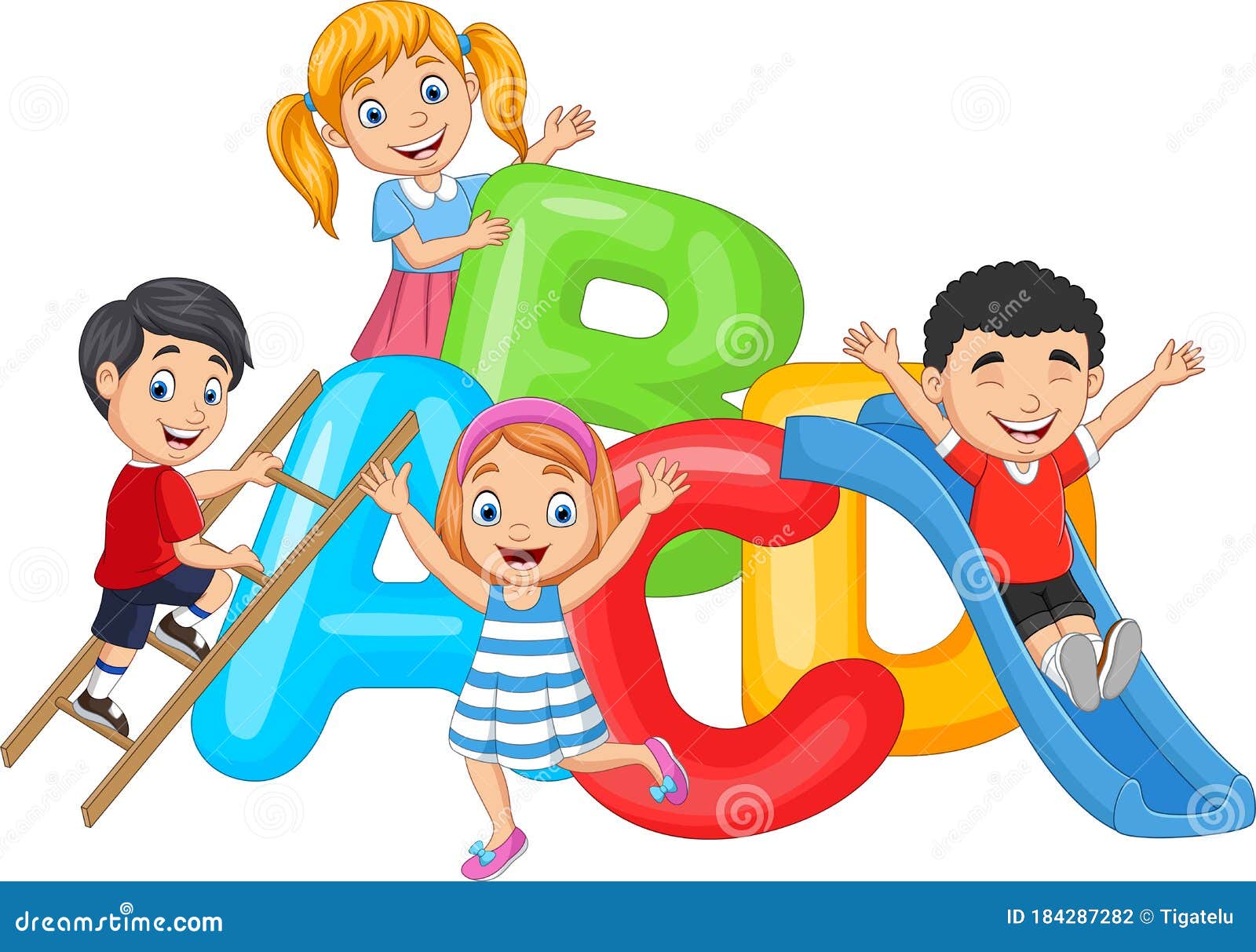 Cartoon Happy Children Playing Together Vector Illustration