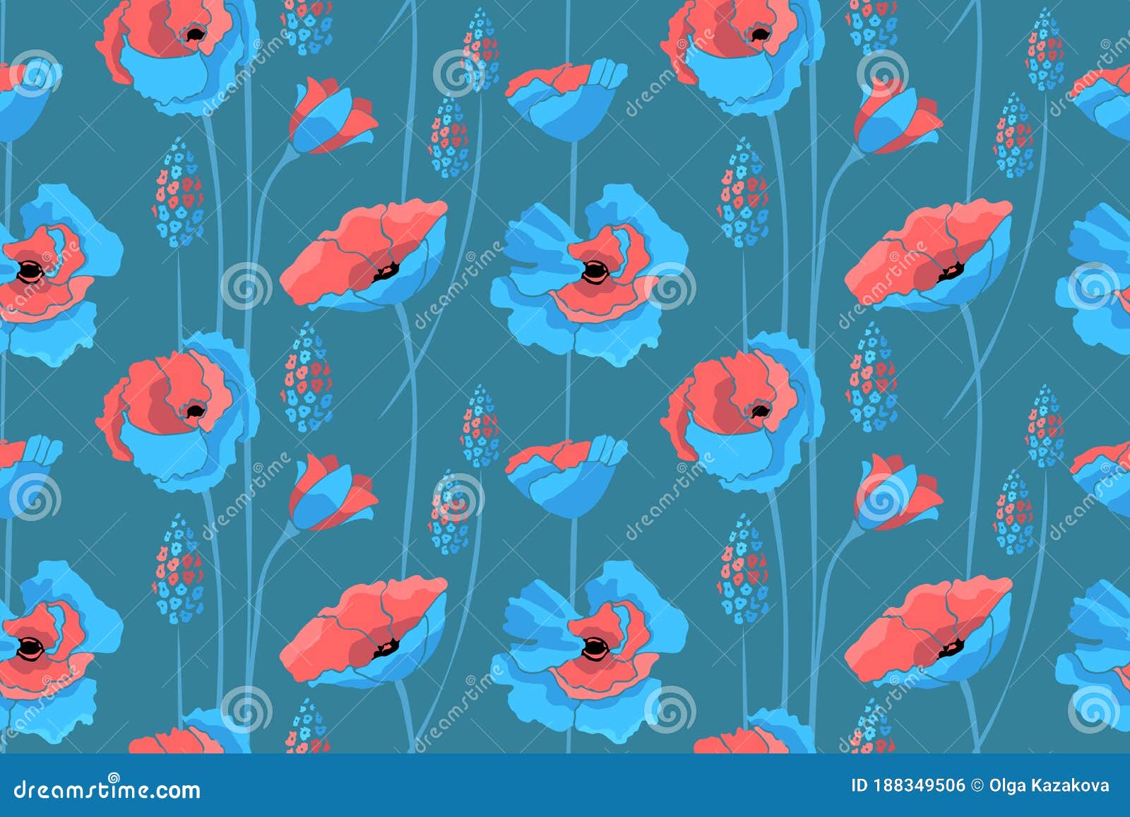 art floral  seamless pattern. blue, coral color flowers