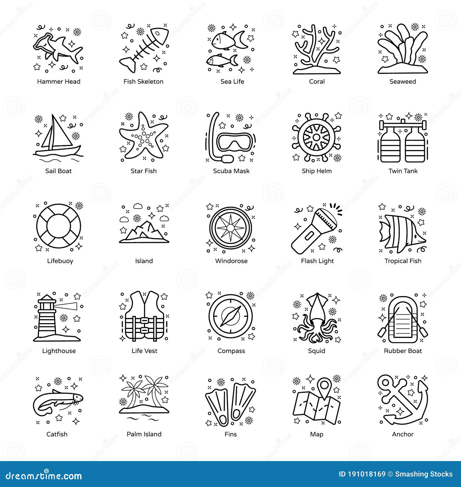 pack of underwater line icons