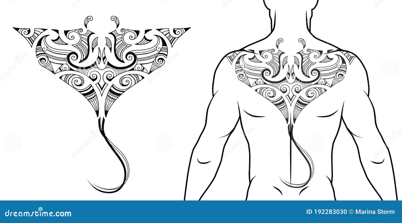 Maori Tribal Style Tattoo Pattern with Manta Ray Fit for a Back, Chest. with Example on Body Stock Vector - Illustration of black, drawing: 192283030 Maori Tribal Style Tattoo Pattern with Manta Ray Fit for a Back, Chest. with Example on Body Stock Vector - Illustration of black, drawing: 192283030