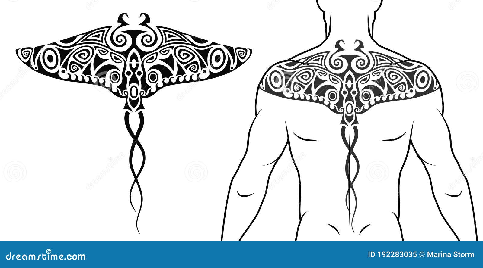 Maori Tribal Style Tattoo Pattern with Manta Ray Fit for a Back, Chest.  with Example on Body Stock Vector - Illustration of vintage, ornament:  192283035