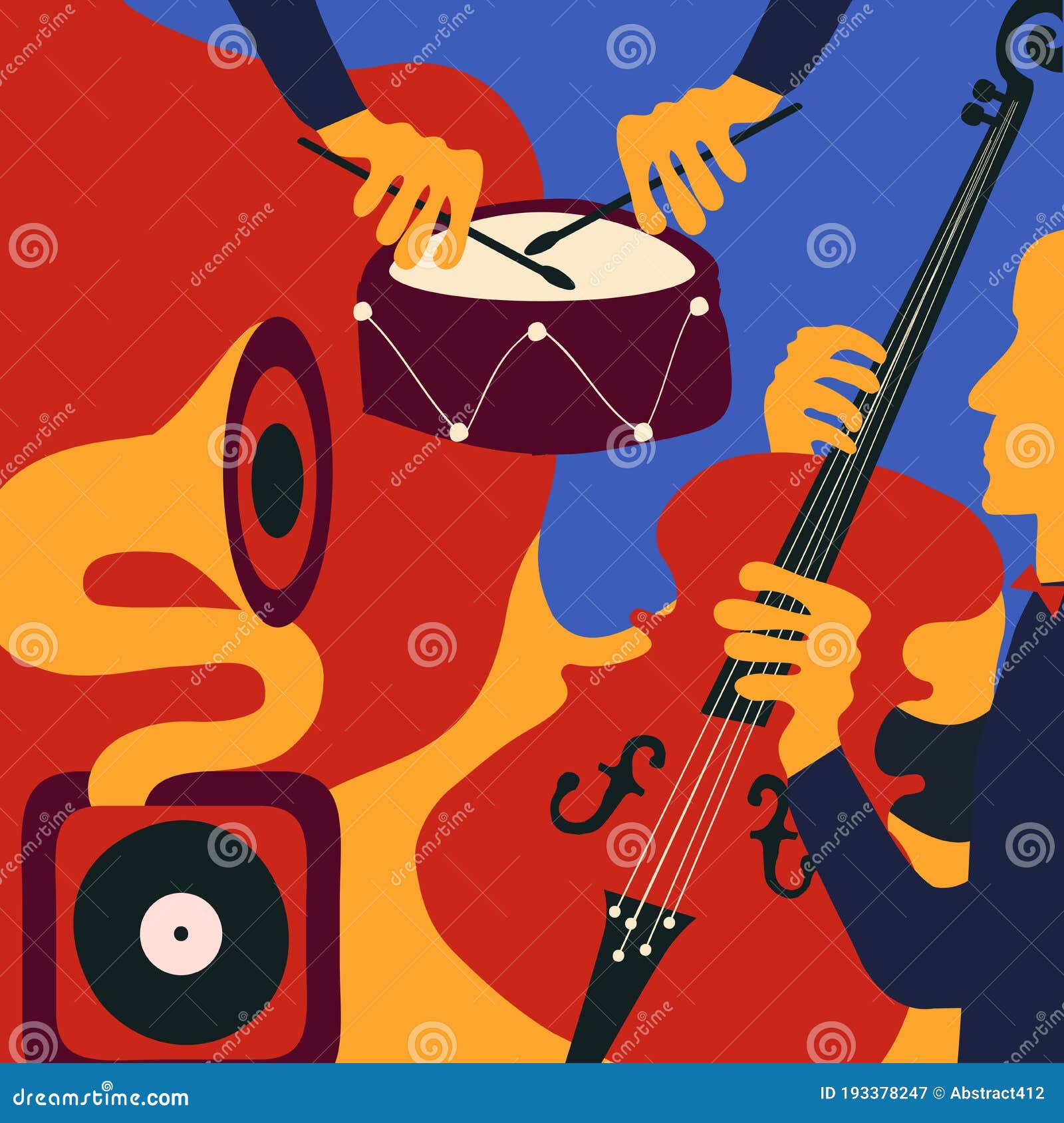 Jazz Music Festival Colorful Poster with Music Instruments. Violoncello