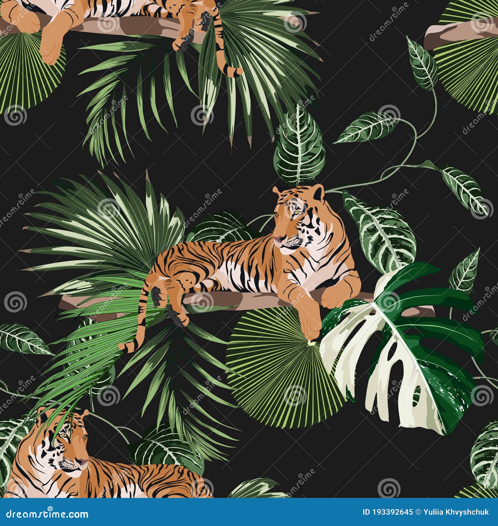 Exotic Animal Tiger in the Jungle Pattern Vintage Black Background Illustration Seamless Pattern. Stock Vector - Illustration of beast, fauna: 193392645 Exotic Animal Tiger in the Jungle Pattern Vintage Black Background Illustration Seamless Pattern. Stock Vector - Illustration of beast, fauna: 193392645