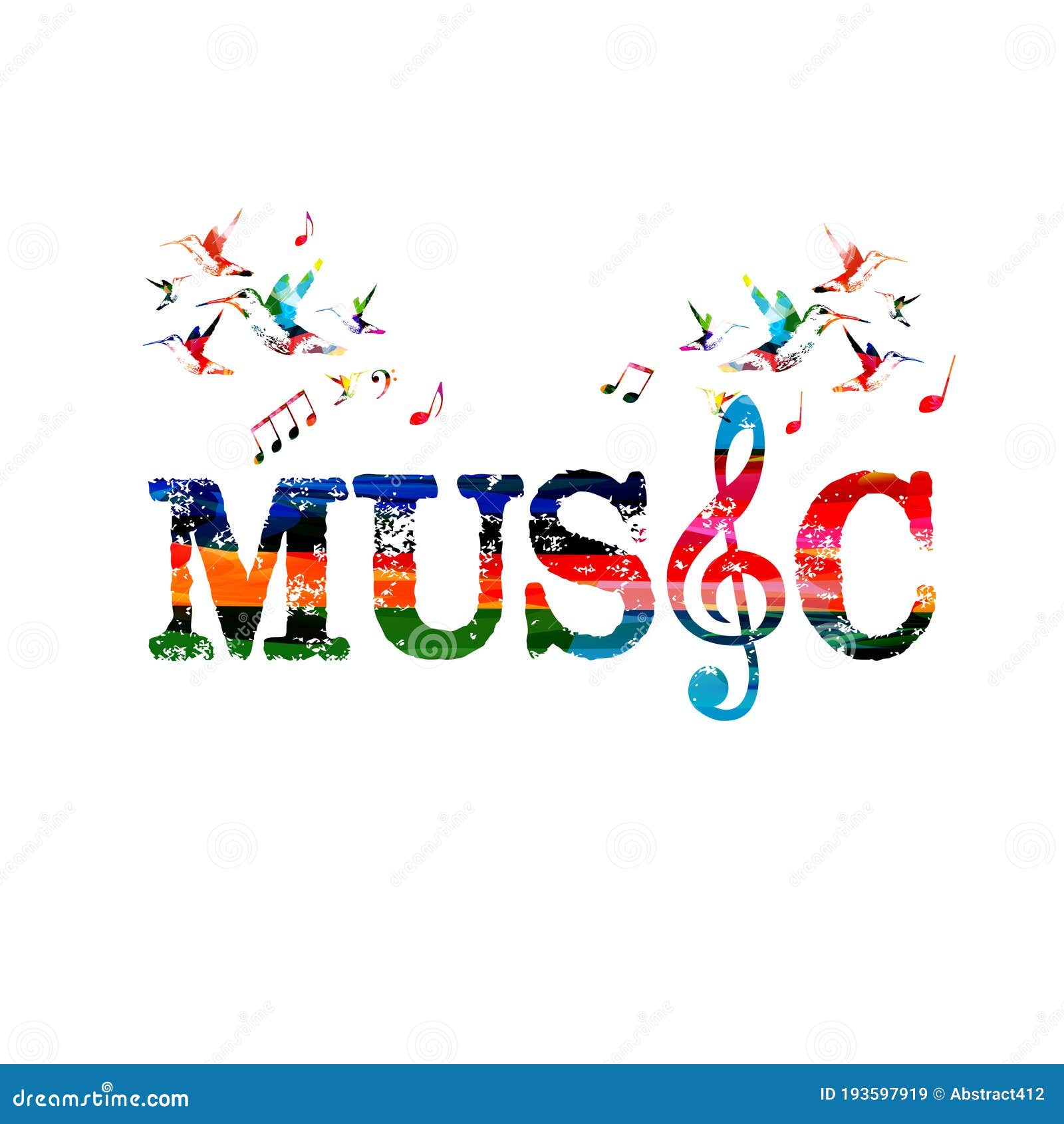 Music Inscription with Gclef. Colorful Word Music Isolated Vector Illustration Stock Vector