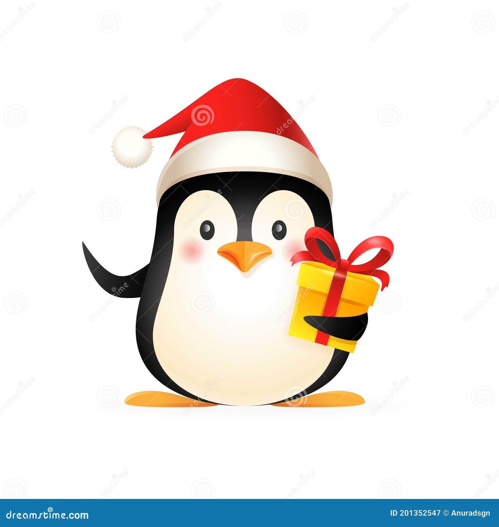 cute penguin with santas hat and gift -    on white background