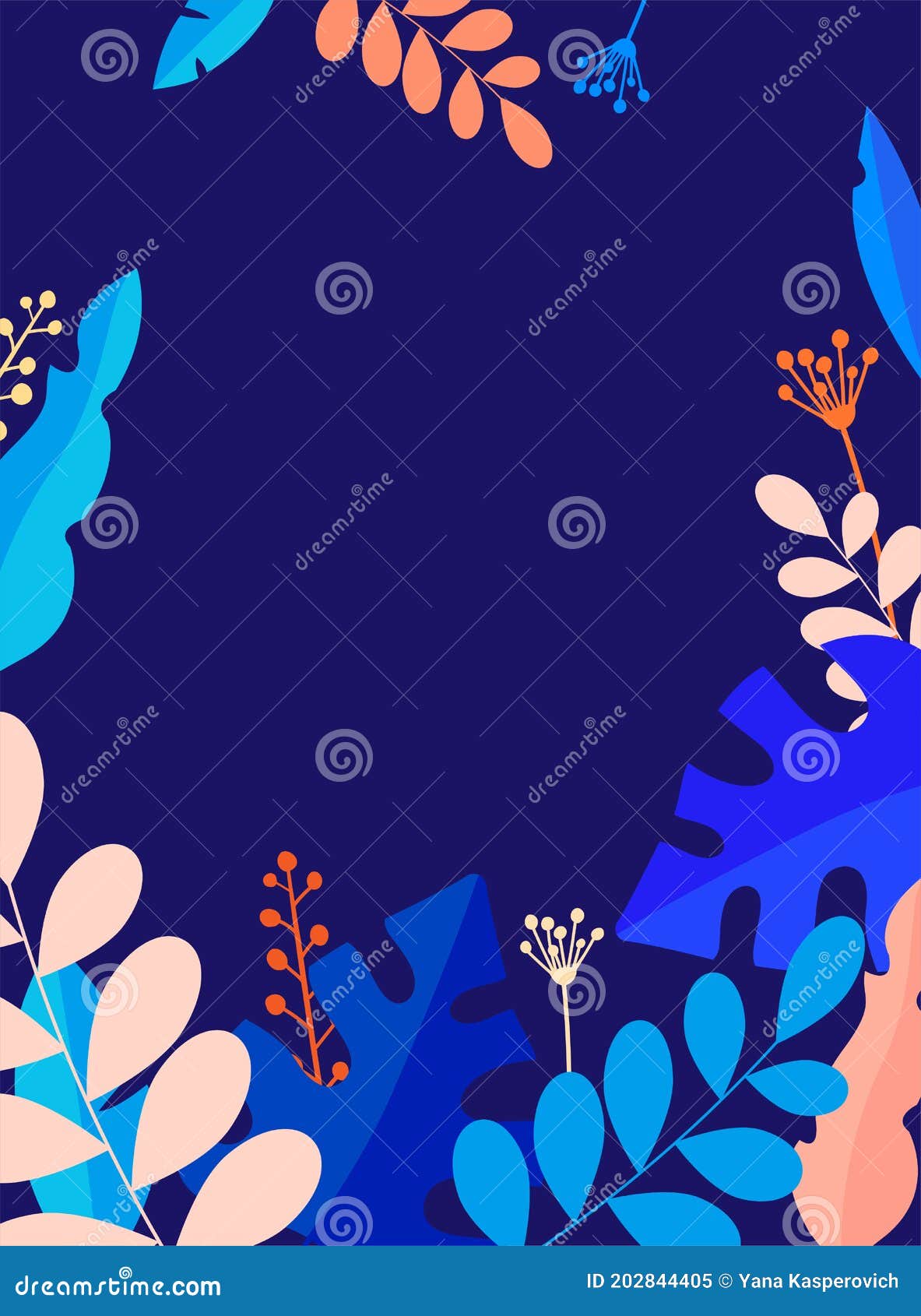 Style Floral Illustration on Bright Blue Background. Flat and Simple Pink, Orange, Blue Leaves