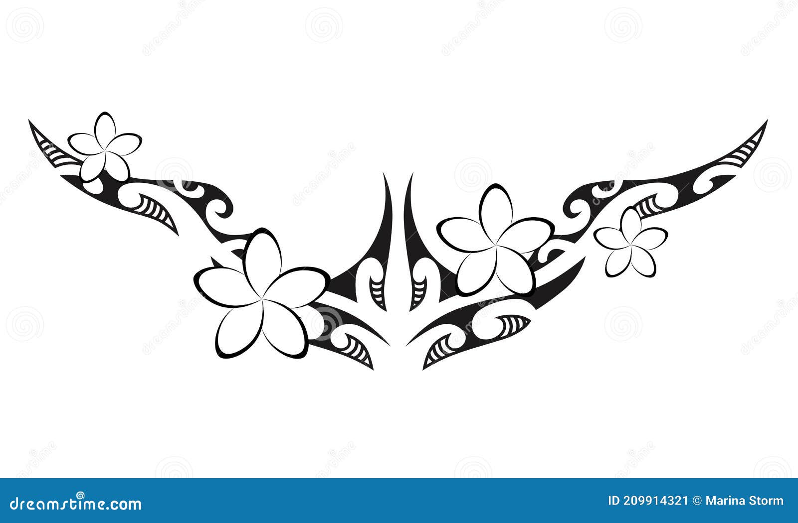 maori style tattoo. ethnic decorative oriental ornament with frangipani plumeria flowers.