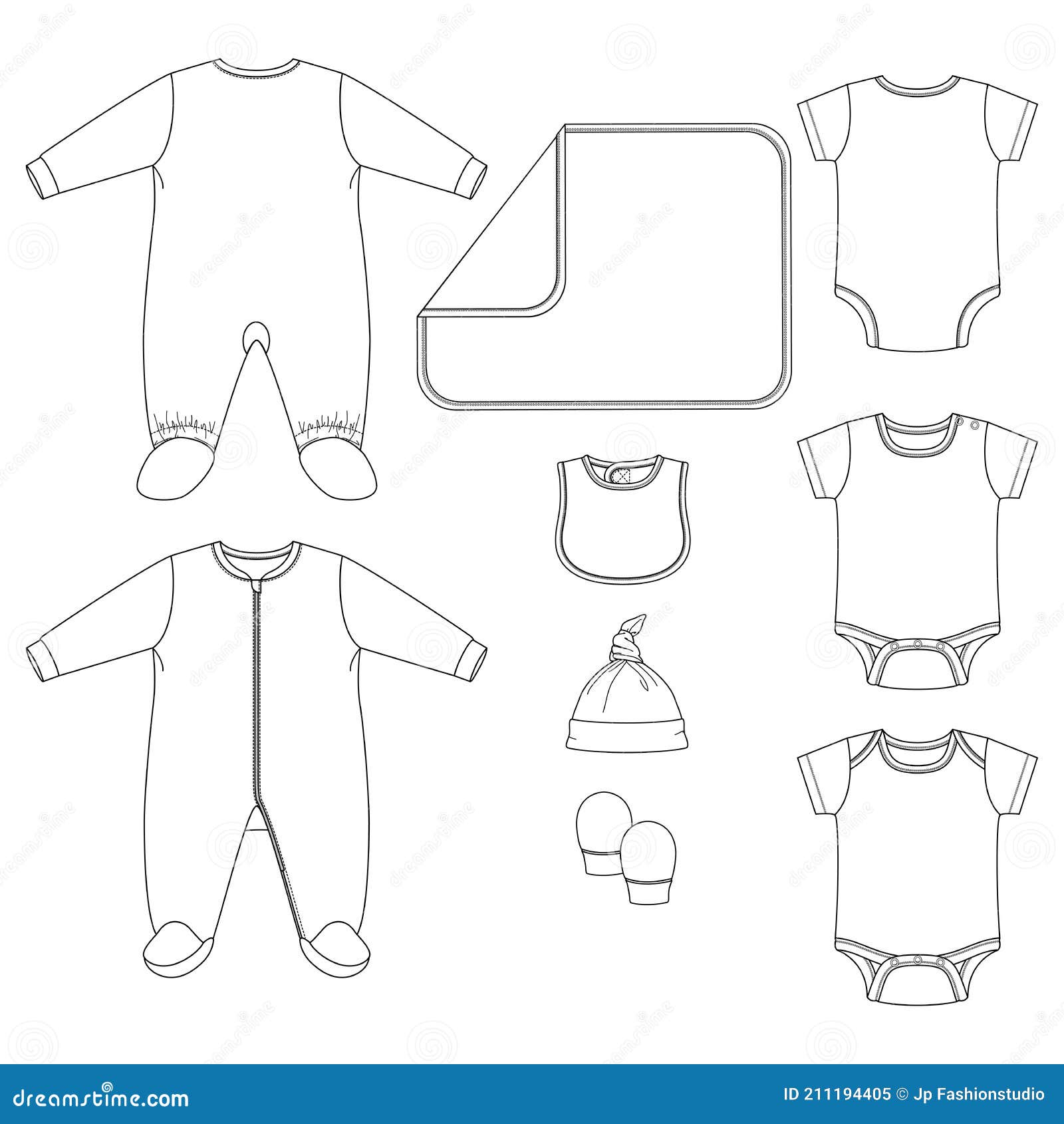 Set of Vector Baby Clothing Elements. Baby Layette Fashion Flat Sketch ...