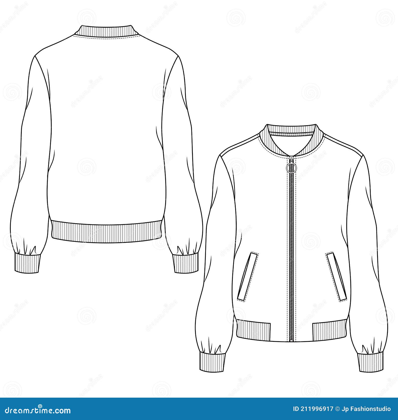 women / girls bomber jacket fashion flat sketch template. technical fashion . long sleeves, welt pockets