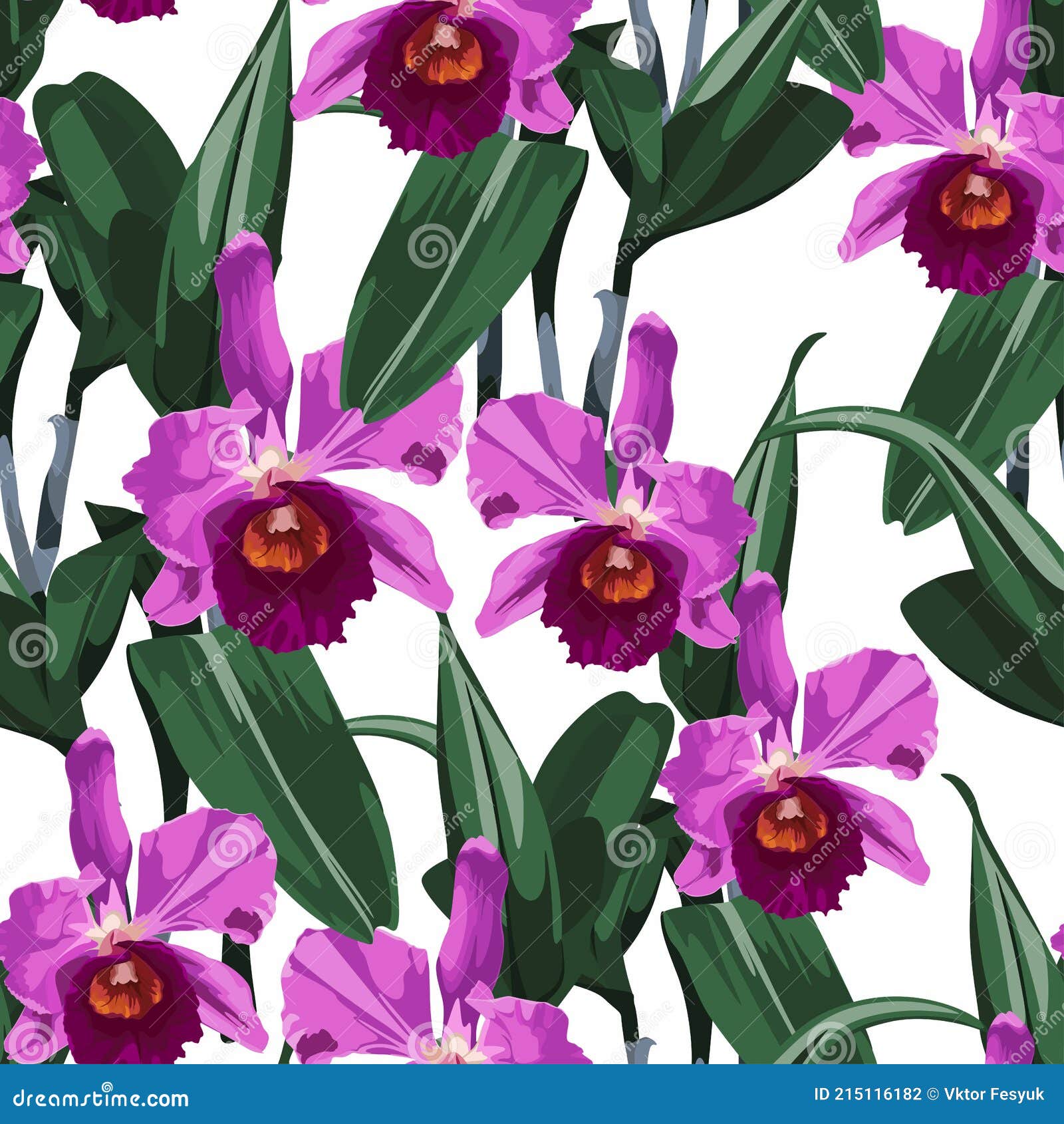 Tropical Cattleya Orchid Flowers on White Background. Seamless Pattern