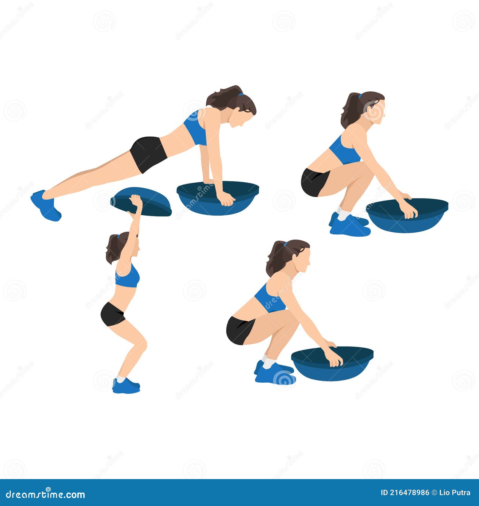 Woman Doing Bosu Ball Burpee Exercise Flat Vector Illustration Stock