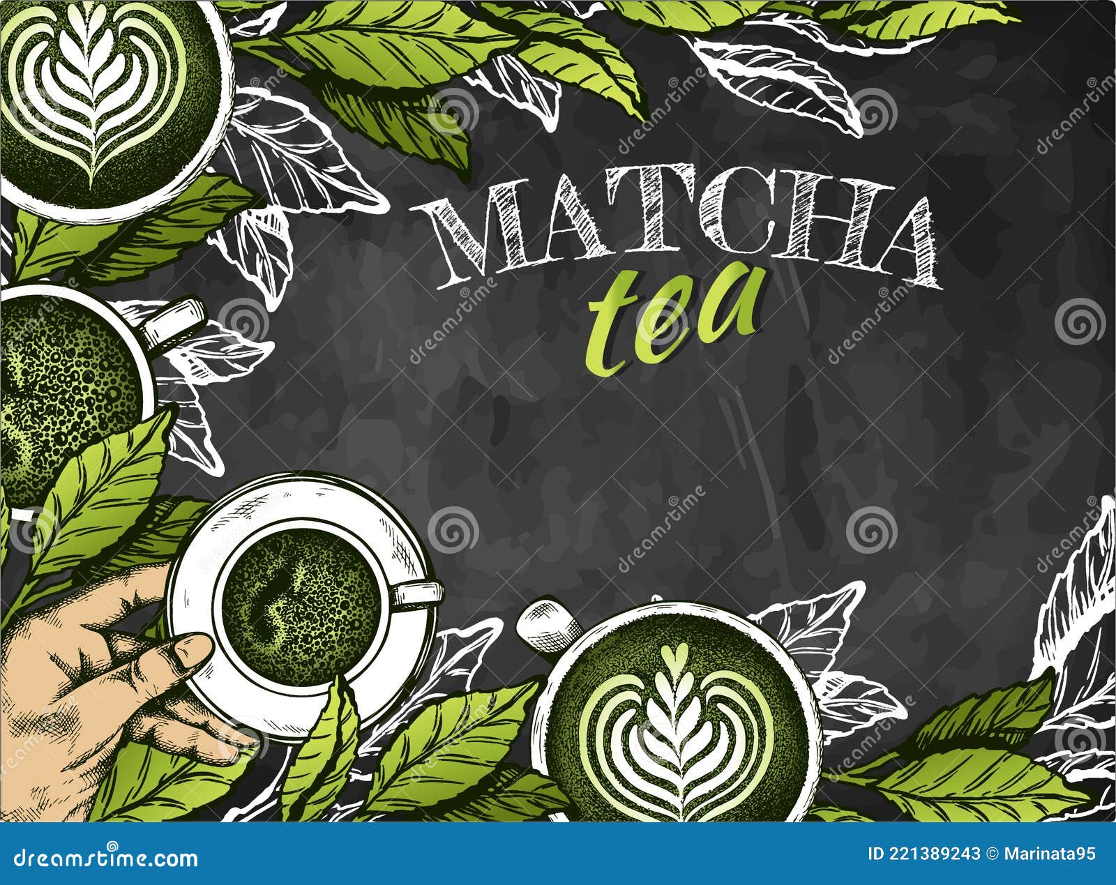 Japanese Matcha Tea Set Food. Sketch Hand Drawn Green Drink, Iced Tea