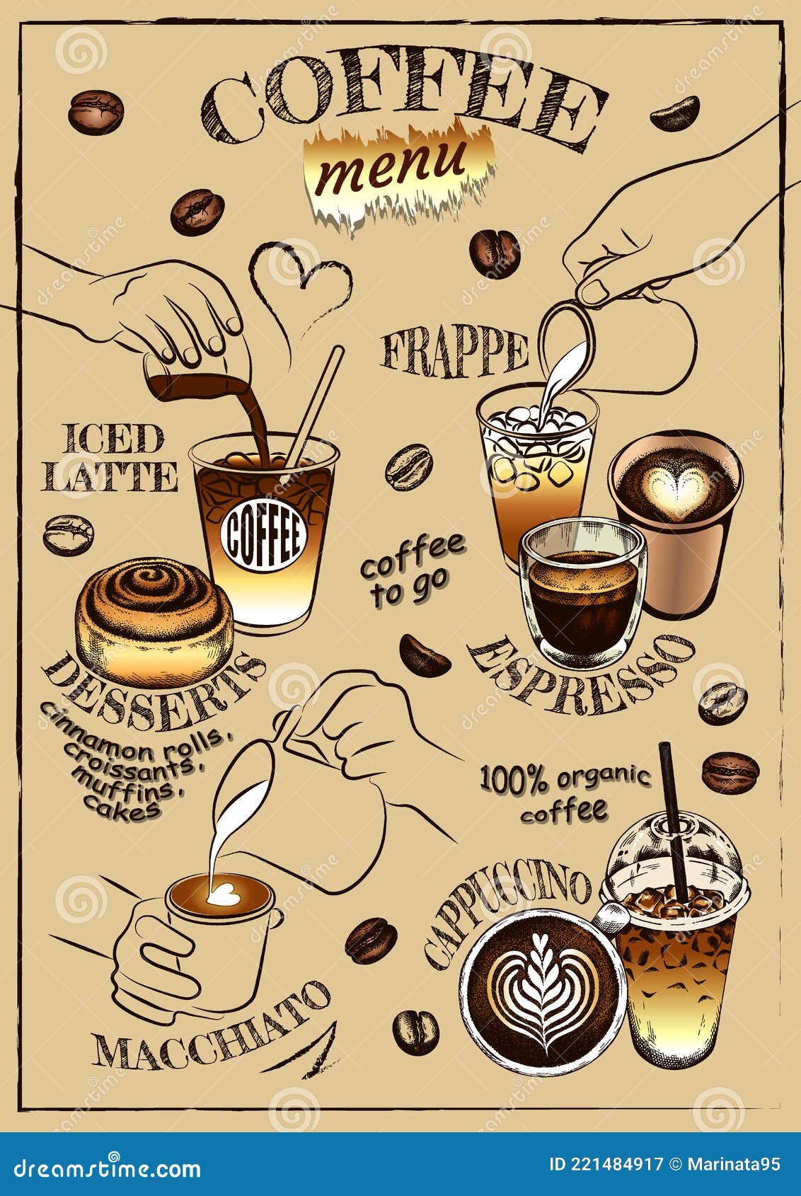 Sketch Drawing Poster of Coffee Menu, Line Art Coffee Cup, Barista