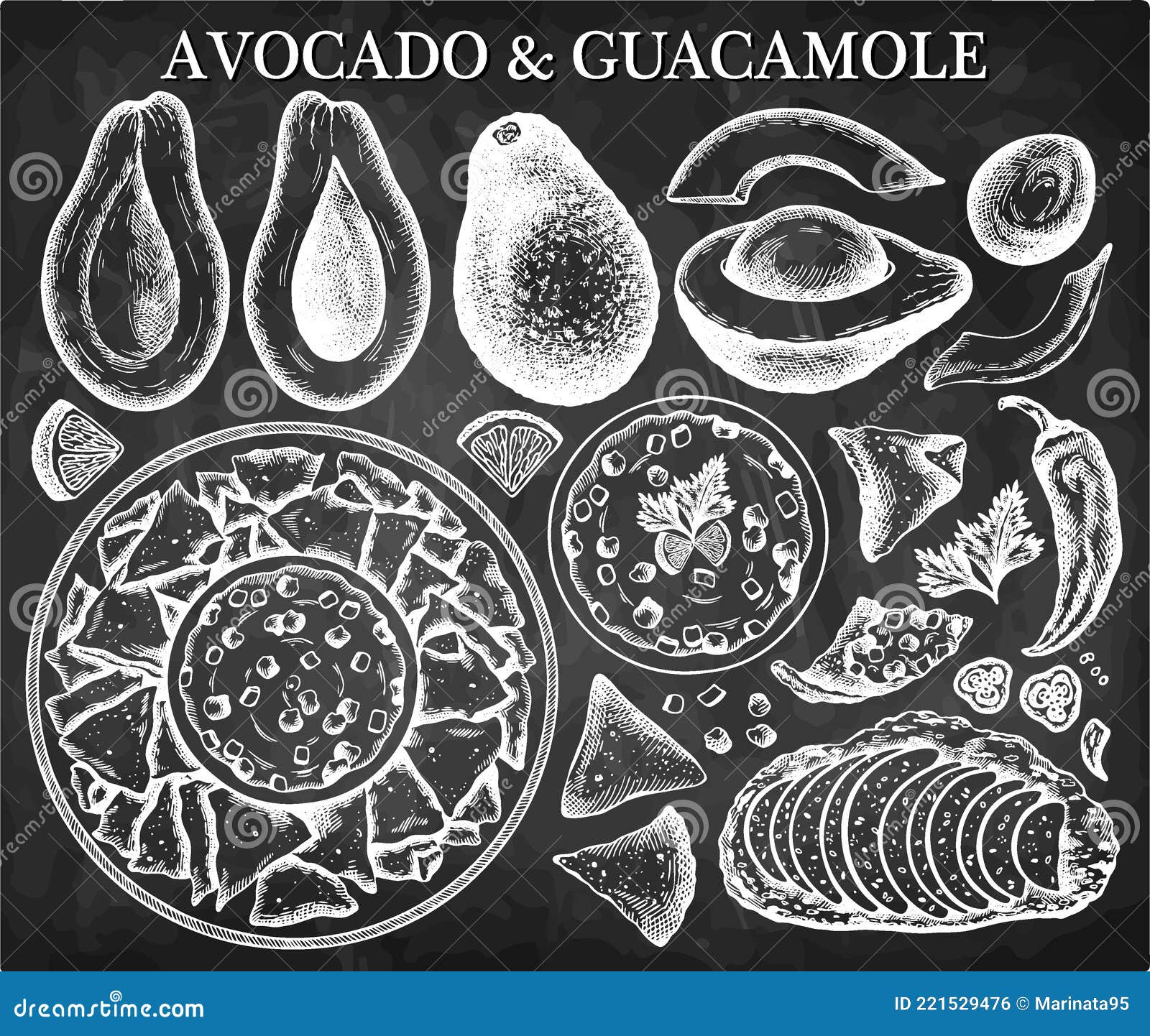 Set of Chalk Drawing Guacamole, Avocado, Nachos, Chili Pepper, Corn Chips, Avocado Toast