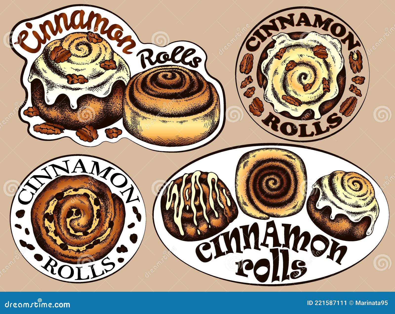 Drawing Set of Cinnamon Roll Stickers for Cafe, Menu, Bakery.Cinnamon Bun  with Raisins, Icing, Toppings, Pecan Nut Stock Vector - Illustration of  icon, food: 221587111